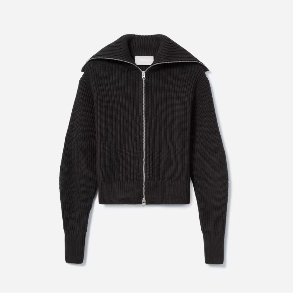 Everlane Chunky Ribbed Zip Cardigan Oversized Collar Organic Cotton in Black